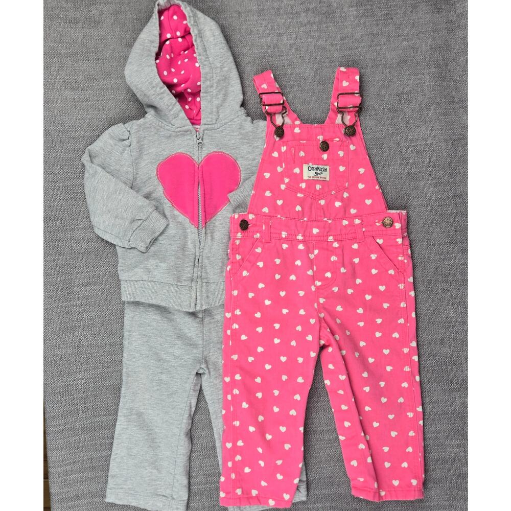 OshKosh 12M Pink Heart Overalls & Heart Hoodie Track Pants Set